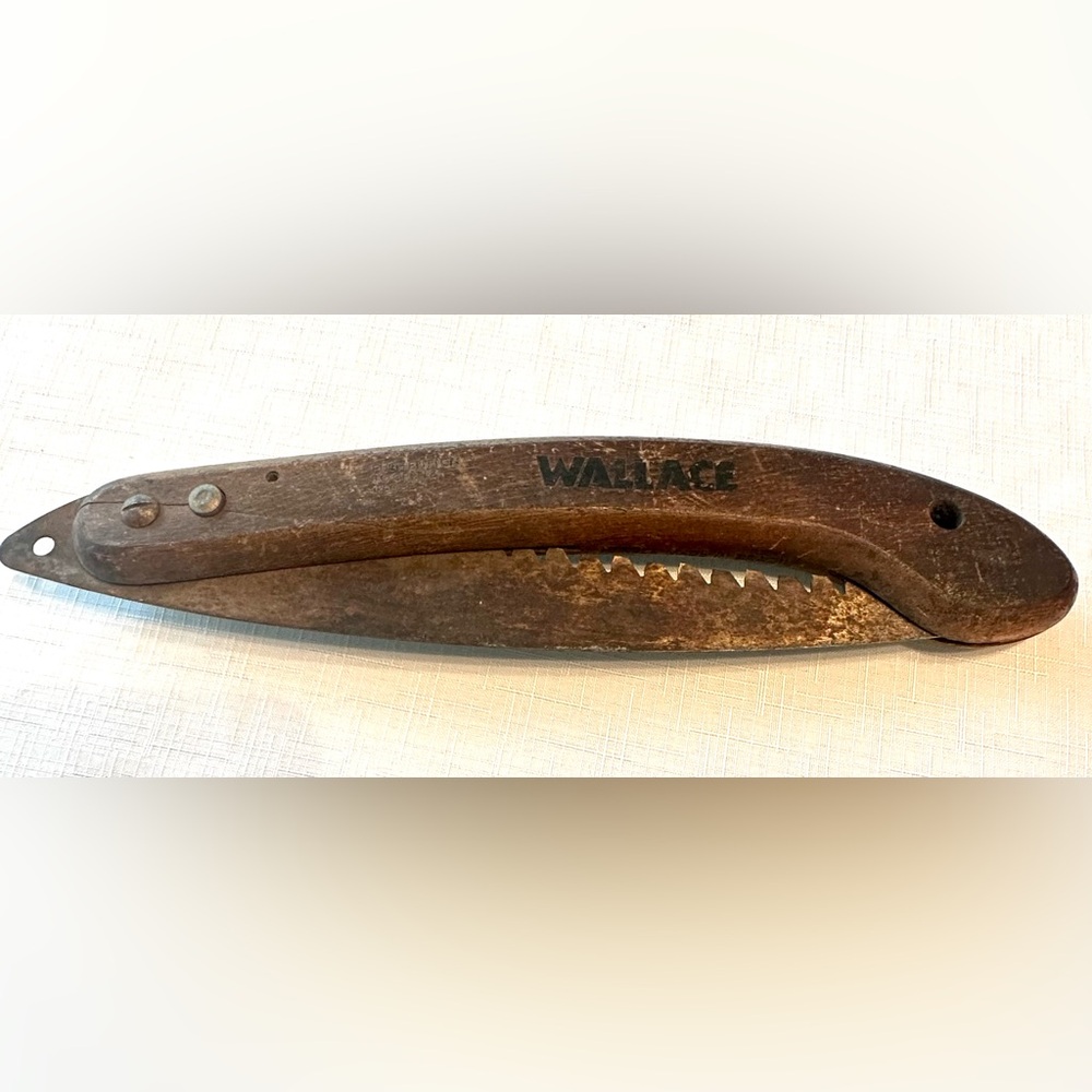 Vtg Wallace Folding Hand Tool/Saw Push Button Wood Handle Camping, Pruning